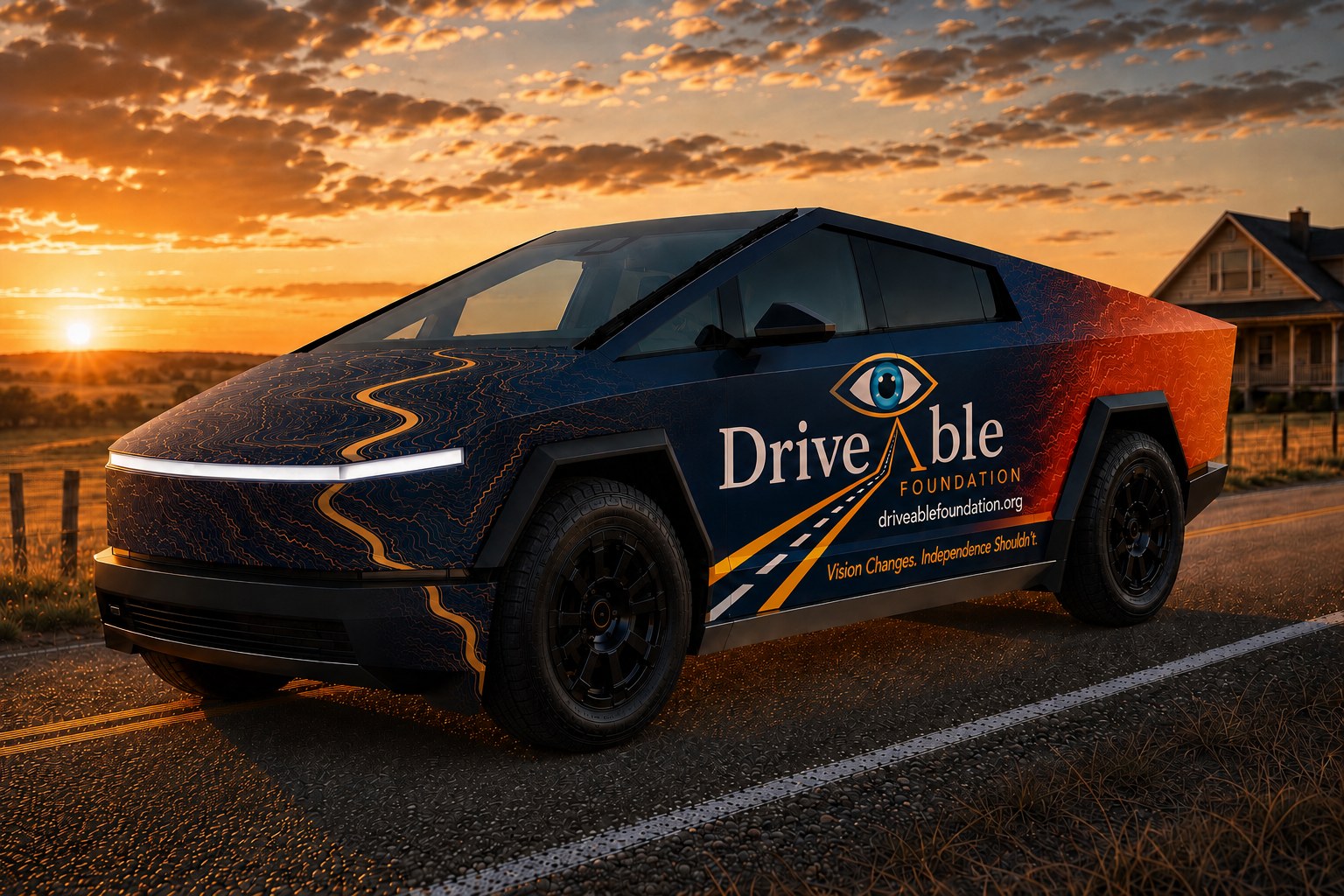 DriveAble Foundation wrapped Cybertruck on a rural Oklahoma road at sunset