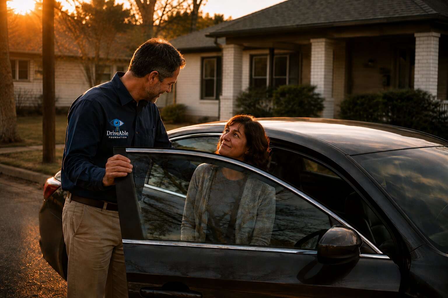 A volunteer driver helping a rider into a car