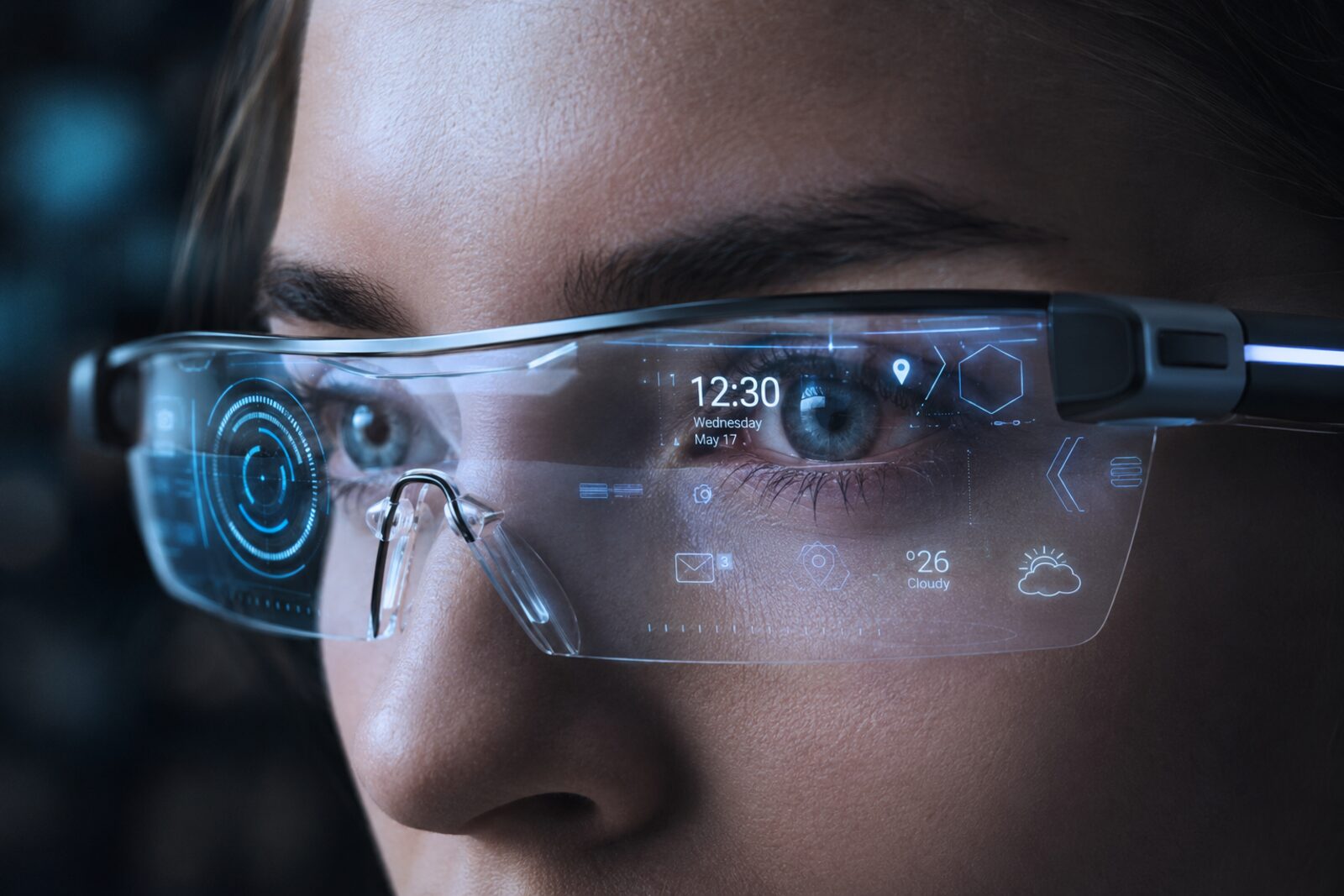 Smart glasses with augmented reality interface showing time, weather, and notifications